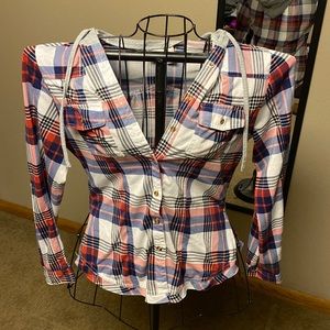 Plaid button down size medium but fits like a small 100% polyester
